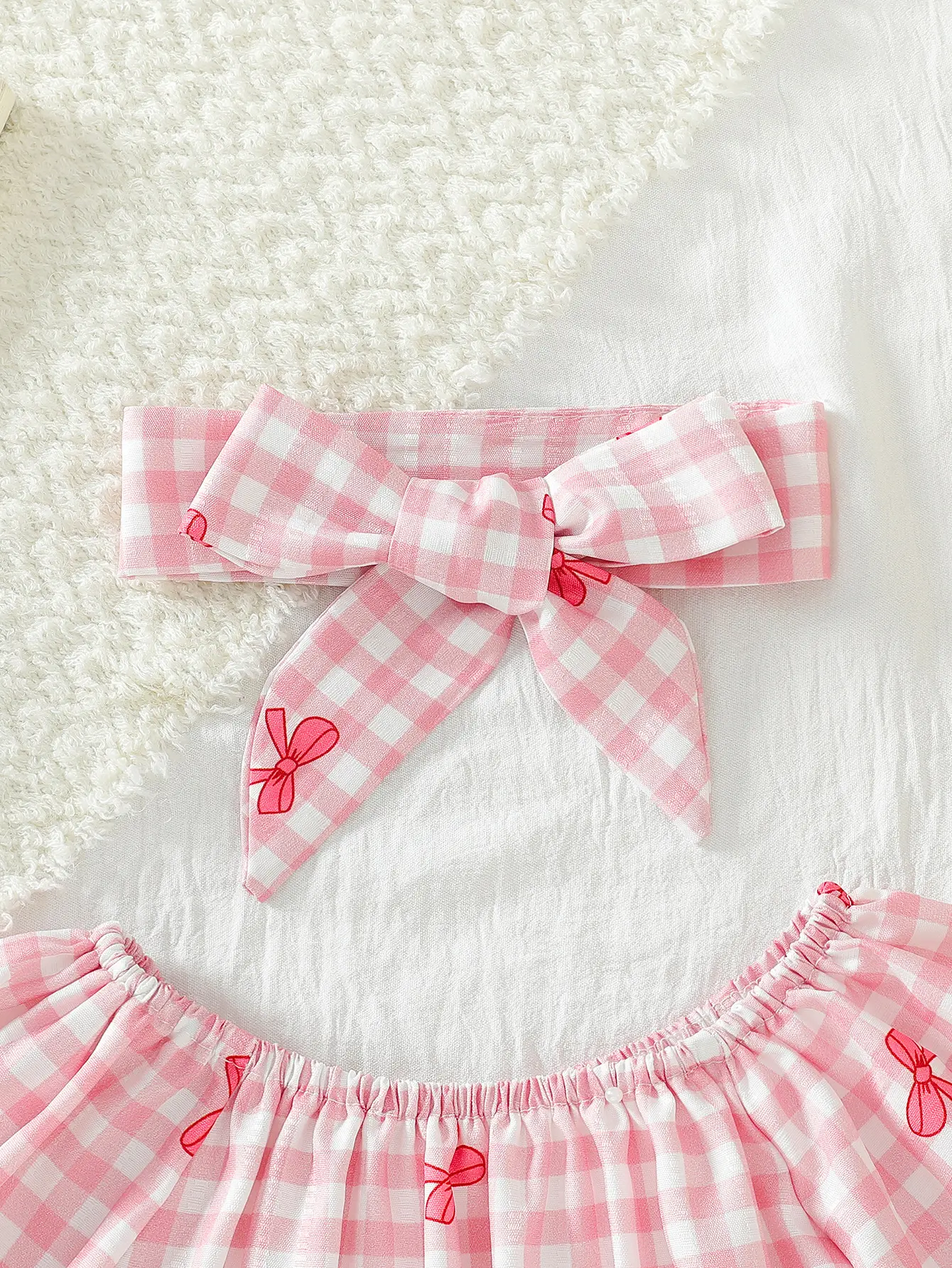 Baby Girl Summer Cute Casual One Shoulder Bubble Sleeve Waist Bow Grid Printed Lace Decoration jumpsuit and headband