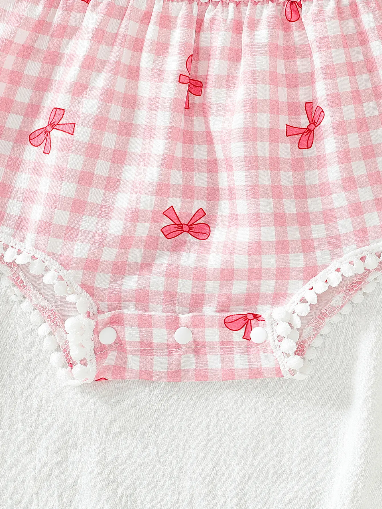 Baby Girl Summer Cute Casual One Shoulder Bubble Sleeve Waist Bow Grid Printed Lace Decoration jumpsuit and headband