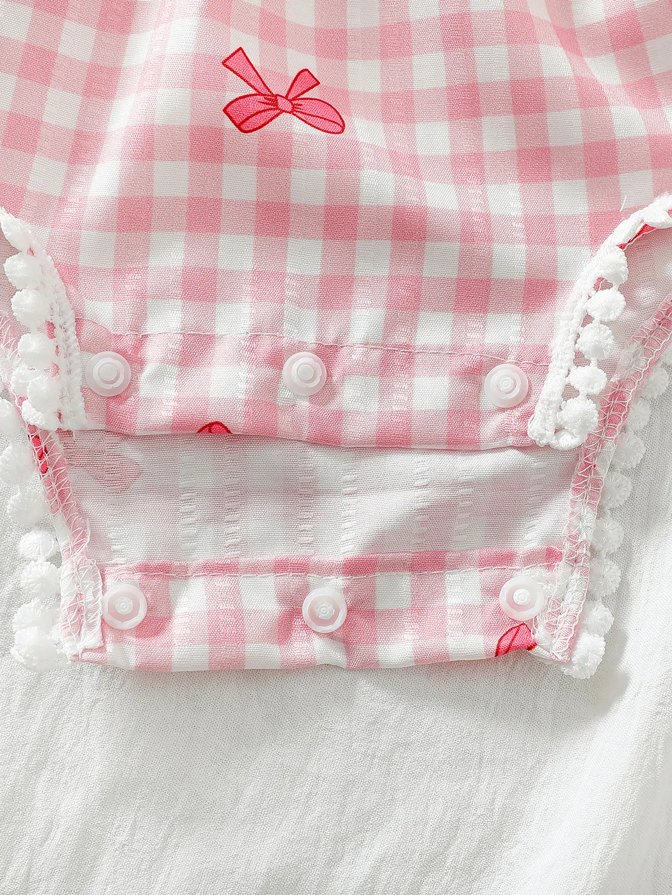 Baby Girl Summer Cute Casual One Shoulder Bubble Sleeve Waist Bow Grid Printed Lace Decoration jumpsuit and headband