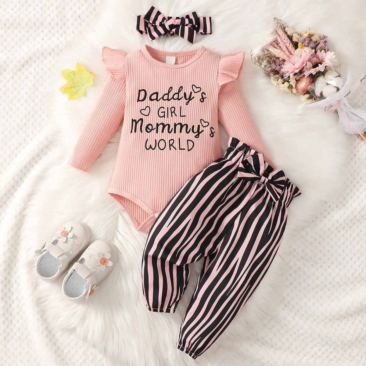 Baby Girl Letter Graphic Ruffle Trim Bodysuit & Striped Paperbag Waist Bow Pants With Headband Suit