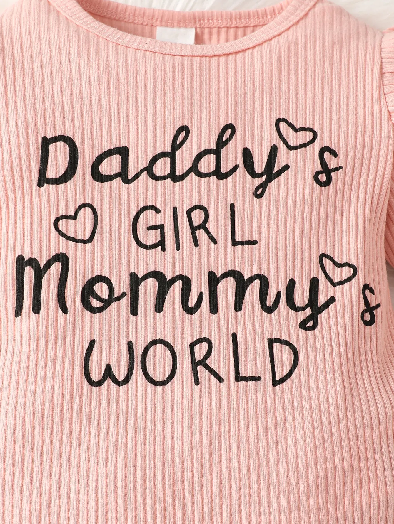 Baby Girl Letter Graphic Ruffle Trim Bodysuit & Striped Paperbag Waist Bow Pants With Headband Suit