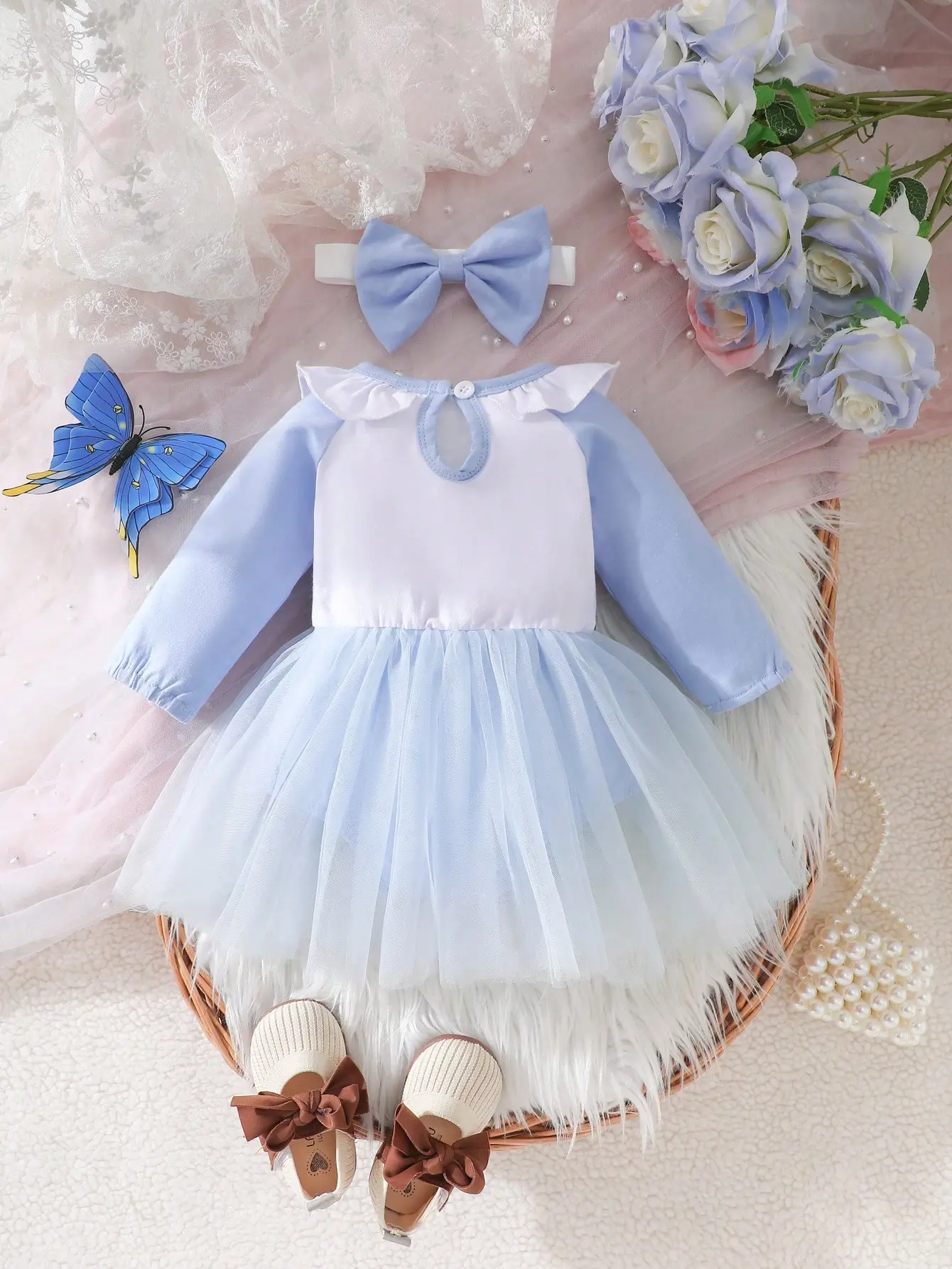 Baby Girl Spring and Autumn Long Sleeve Party Blue Lace Splicing Bow Printed Skirt