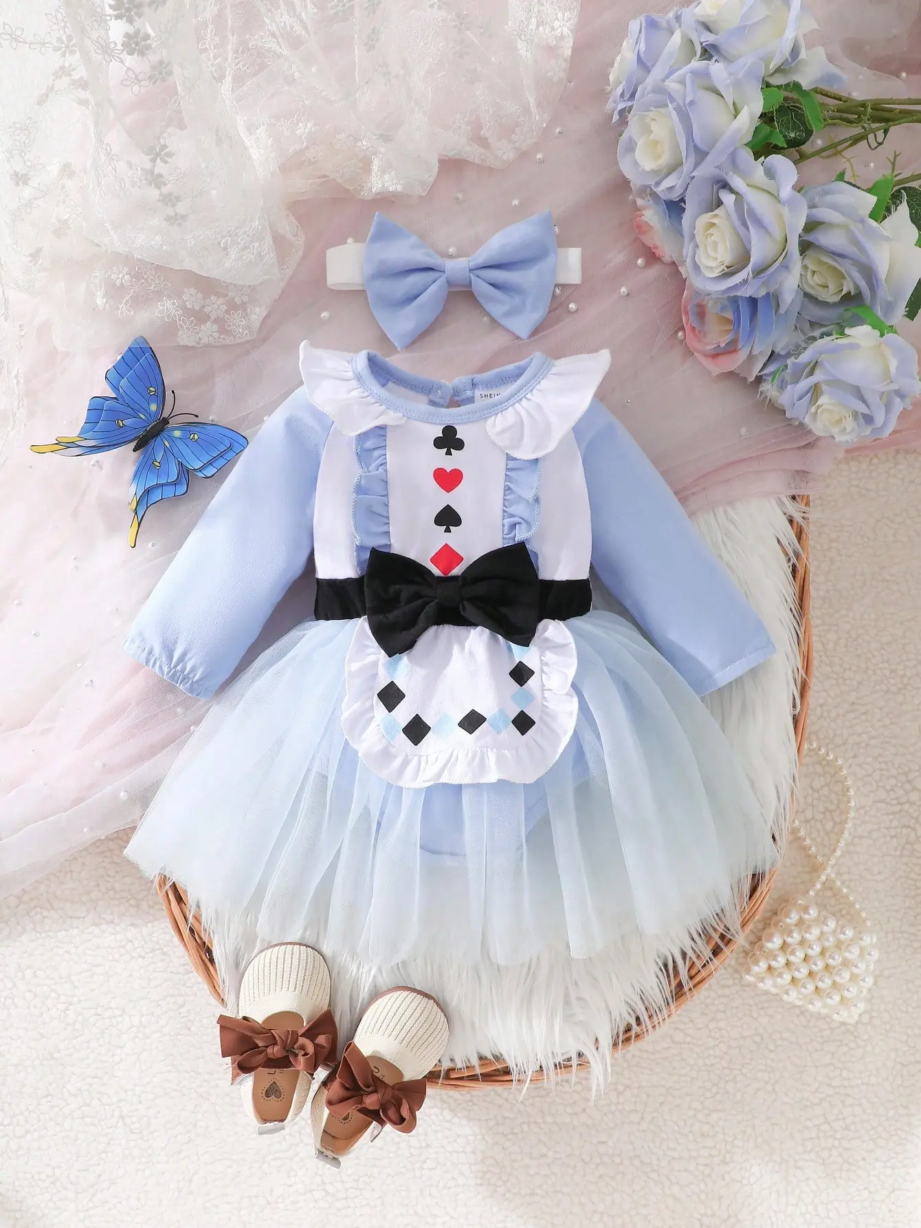 Baby Girl Spring and Autumn Long Sleeve Party Blue Lace Splicing Bow Printed Skirt
