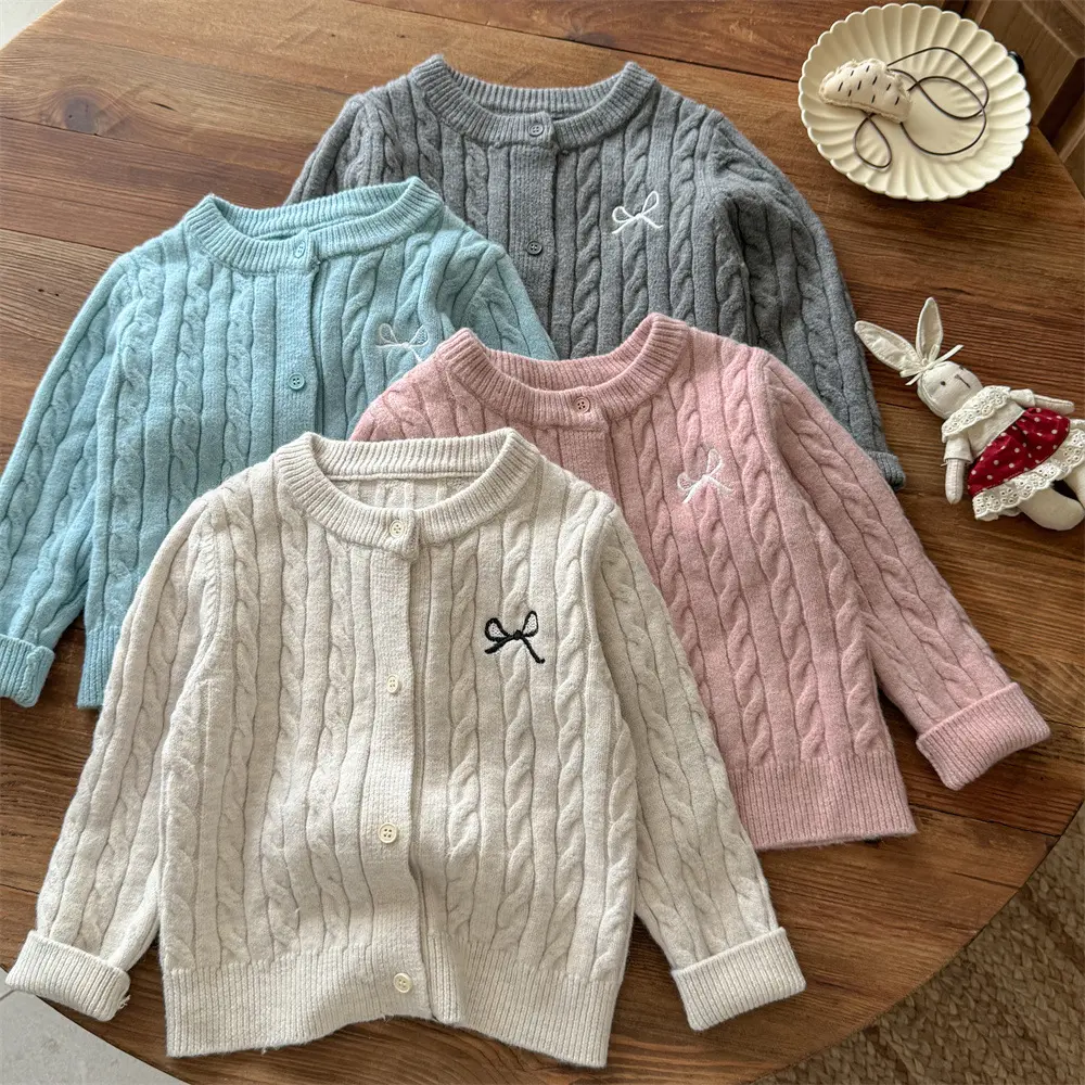 Girls Knitted Cardigan Autumn Bow Stylish Children's Sweater Coat for Spring And Autumn