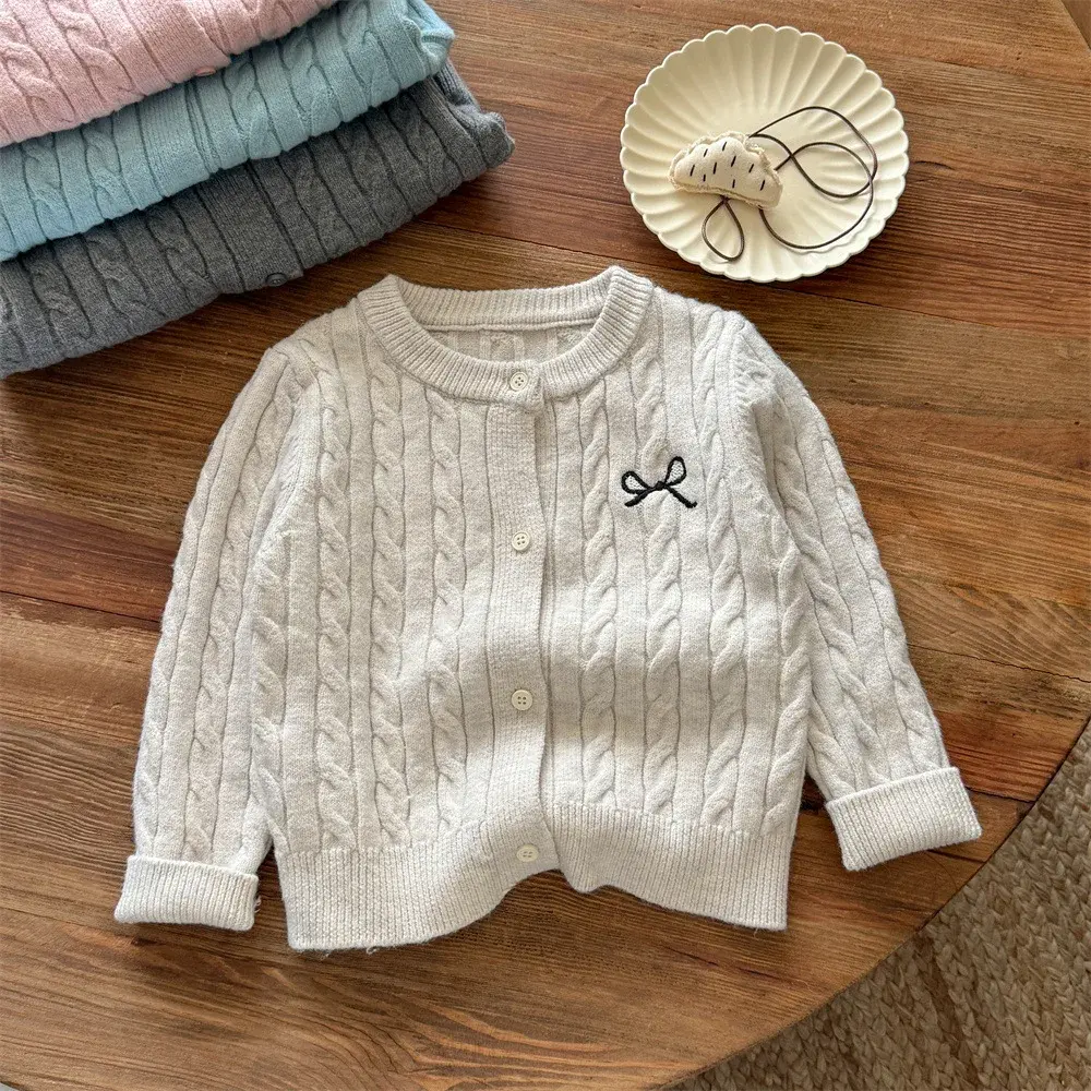 Girls Knitted Cardigan Autumn Bow Stylish Children's Sweater Coat for Spring And Autumn