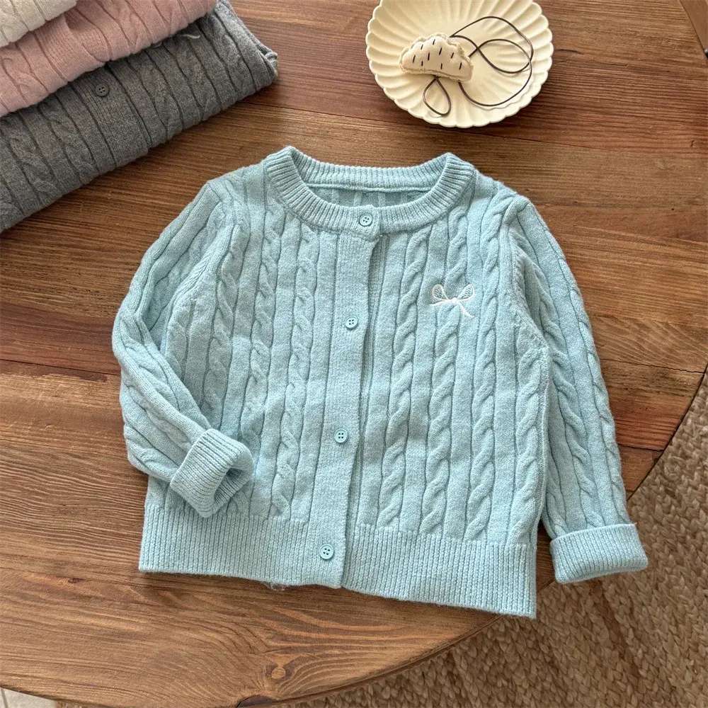 Girls Knitted Cardigan Autumn Bow Stylish Children's Sweater Coat for Spring And Autumn