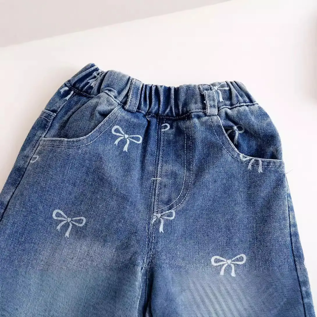 Girls Bow Detail Jeans Trendy Straight-Leg Loose Pants Autumn Fashion Versatile Girls' Clothing