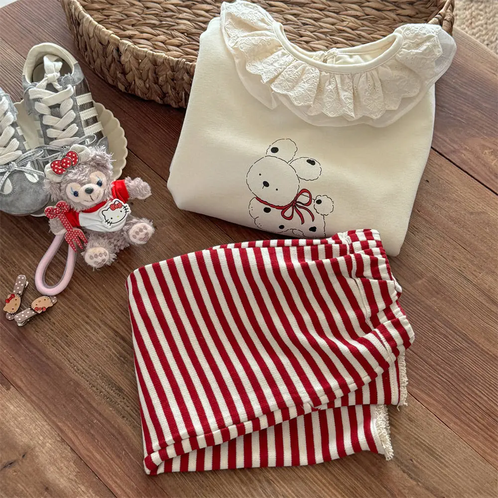 Girls' Striped Hoodie Set with Straight-Leg Pants Two-Piece Children's Outfit for Spring And Autumn Stylish Baby Clothing