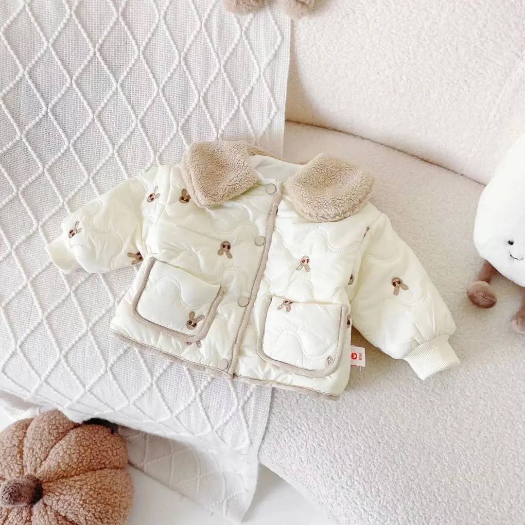 Children's Velvet Thick Embroidery Coat Autumn/Winter Girl's Cotton Coat with Velvet Thick Warm Cotton Clothing Kids