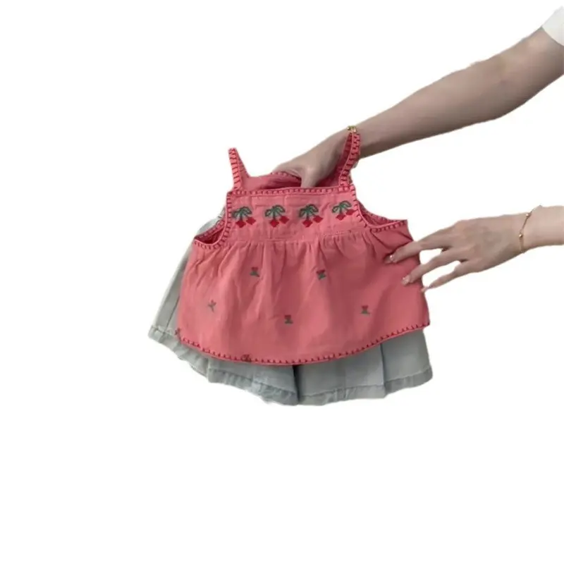 Girls Summer Halter Top And Cherry Vest Denim Shorts Set Embroidered Two-Piece Outfit for Kids