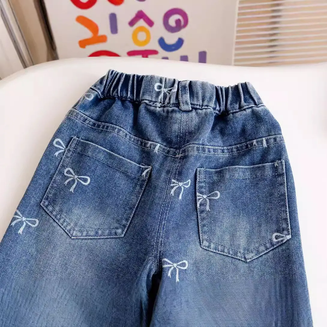 Girls Bow Detail Jeans Trendy Straight-Leg Loose Pants Autumn Fashion Versatile Girls' Clothing