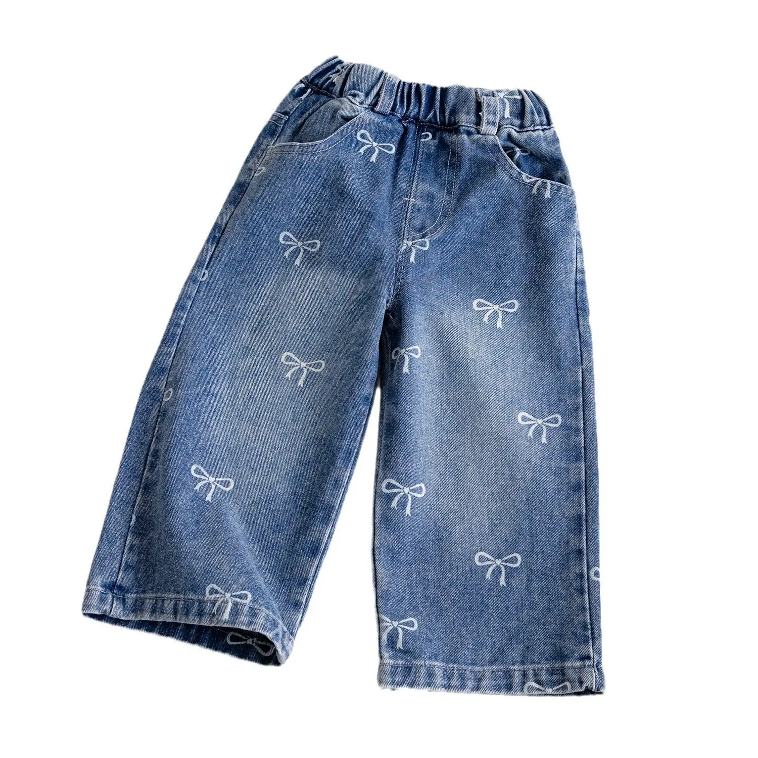 Girls Bow Detail Jeans Trendy Straight-Leg Loose Pants Autumn Fashion Versatile Girls' Clothing