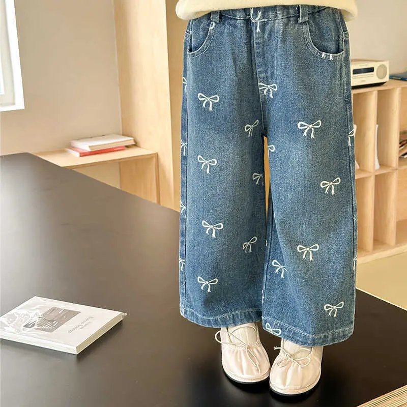 Girls Bow Detail Jeans Trendy Straight-Leg Loose Pants Autumn Fashion Versatile Girls' Clothing