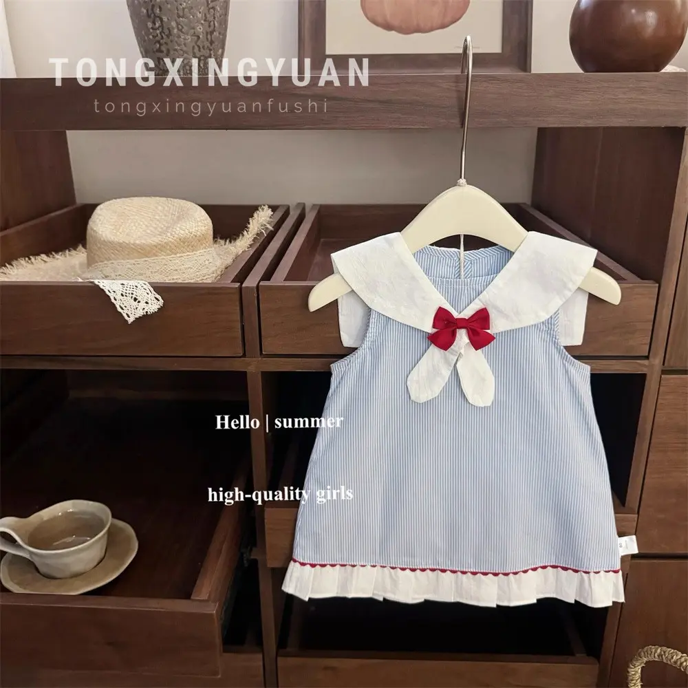 Sweet Summer Schoolgirl Collared Vest Dress with Bow Tie for Girls Casual Floral Print Short Sleeve Outfit
