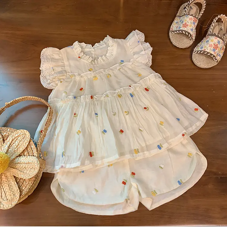 Princess 2Pcs Set for Girls Summer Children Infants Kids Baby Embroidery Flower Suit Cute Baby Outfit
