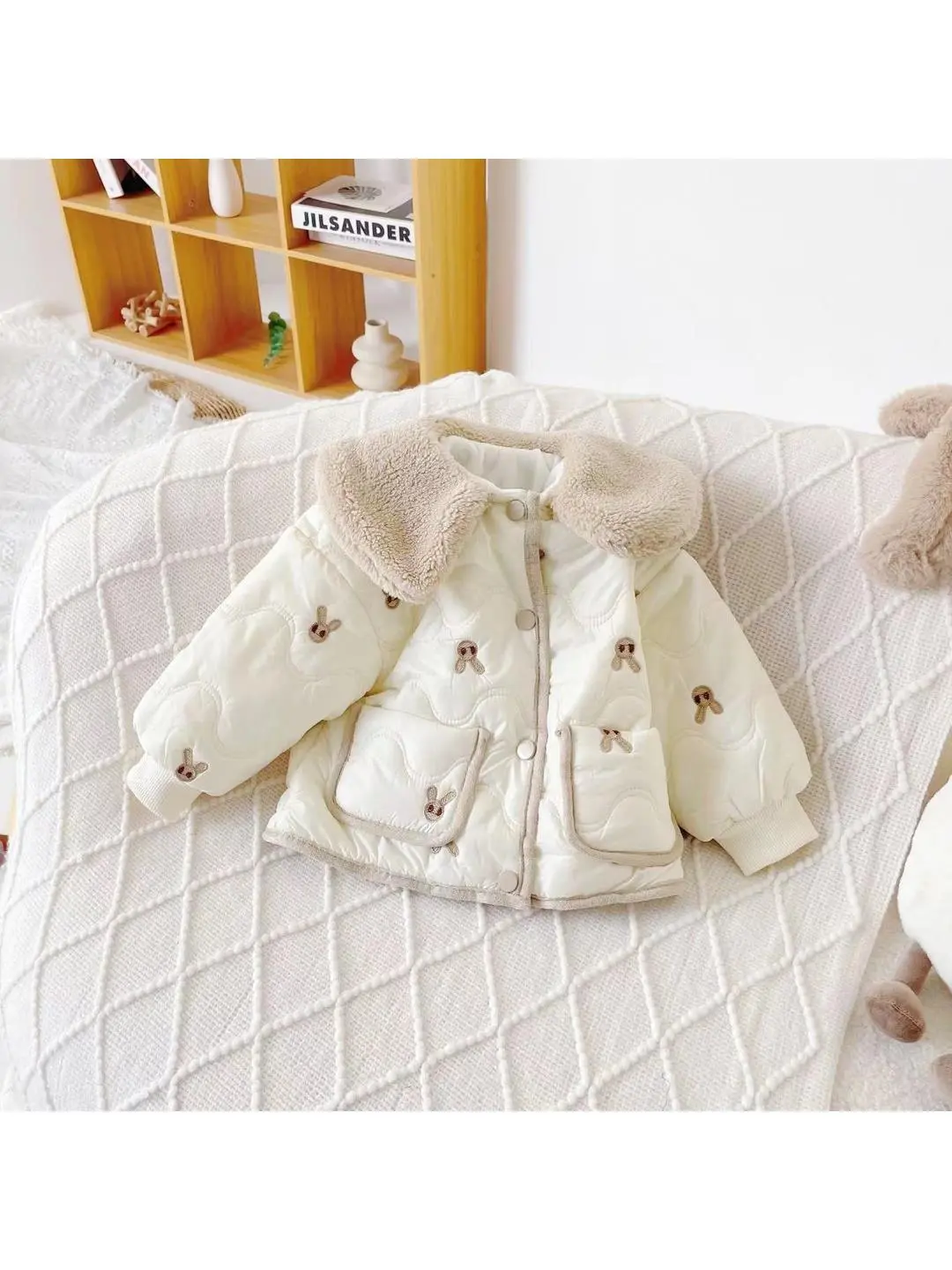 Children's Velvet Thick Embroidery Coat Autumn/Winter Girl's Cotton Coat with Velvet Thick Warm Cotton Clothing Kids