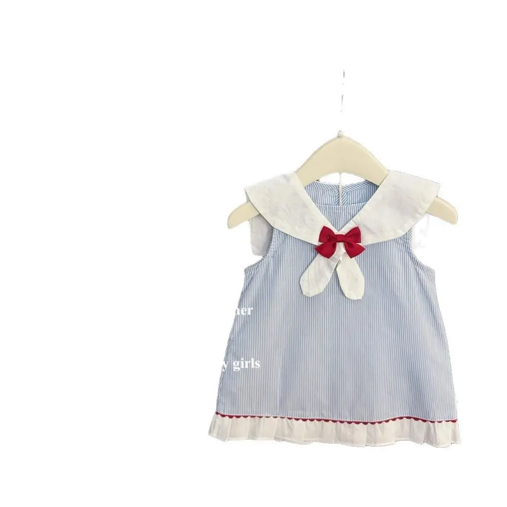 Sweet Summer Schoolgirl Collared Vest Dress with Bow Tie for Girls Casual Floral Print Short Sleeve Outfit