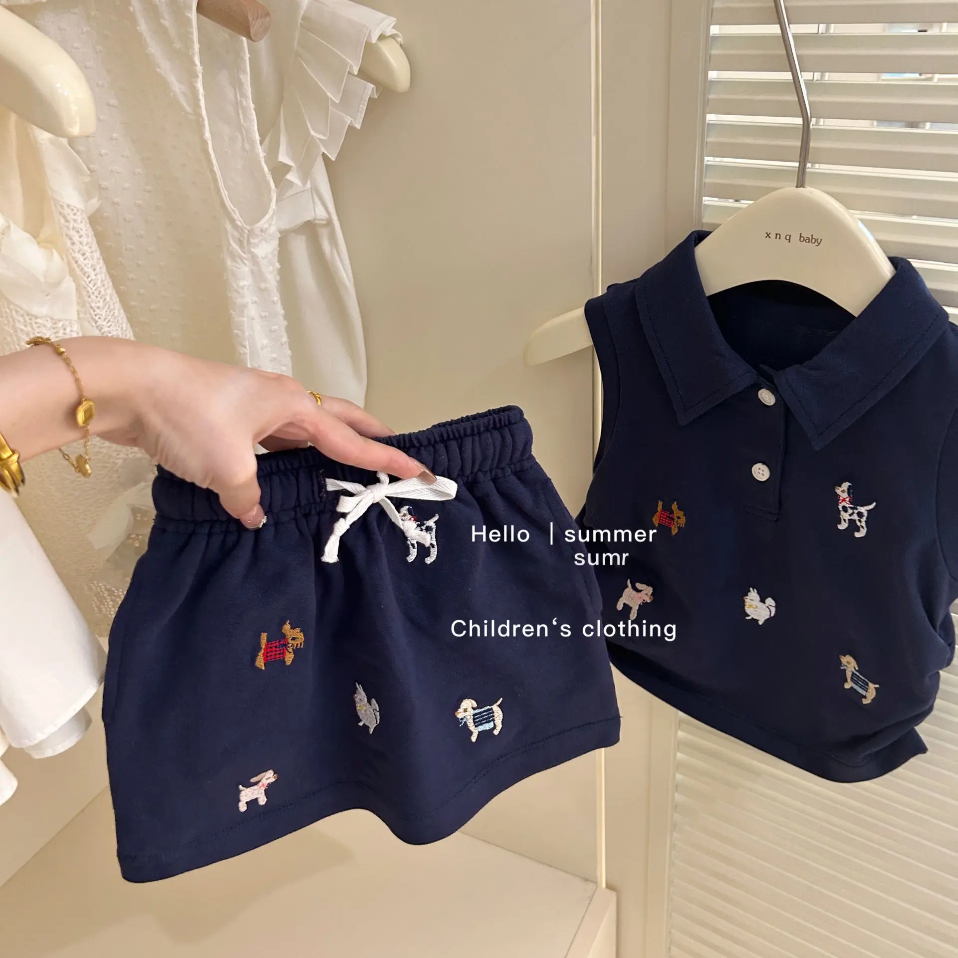 Girls Summer 2-Piece Suit Infant Kids Baby Academy Style Polo Collar Vest Top with Short Skirt Set Children's Clothing