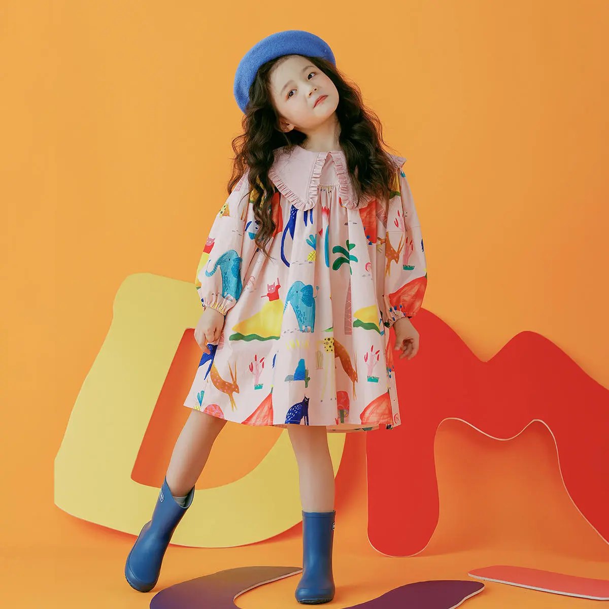 Girl's Floral Dress Spring Autumn Children Baby Infants Kids Long Sleeve Pink Puffed Sleeve Graffiti Dress