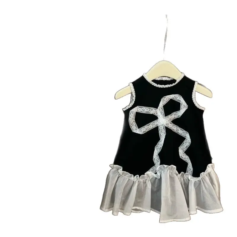 Casual Sweet Lace Dress for Baby Girl with Bow Stylish Vest Dress Summer Autumn kids