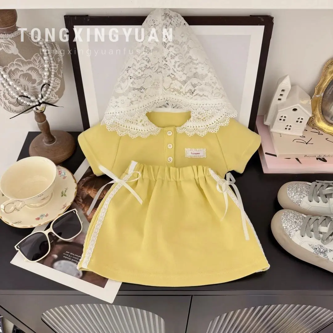 Girls Yellow Summer Lace Hooded Short-Sleeved T-Shirt Set with Skirt Sweet Two-Piece Outfit for Kids