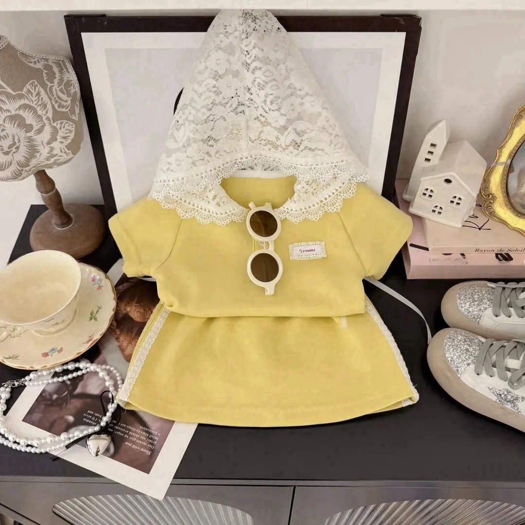 Girls Yellow Summer Lace Hooded Short-Sleeved T-Shirt Set with Skirt Sweet Two-Piece Outfit for Kids