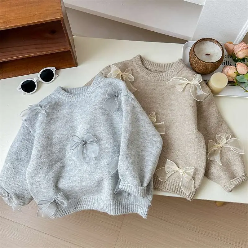 Girl's Sweet Knitwear Coat with Bow Spring Autumn Fashion Bow Knitwear Coat for Children Kids Infants