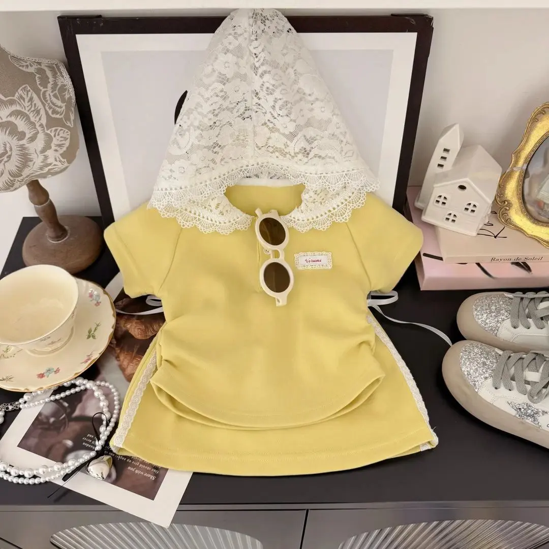 Girls Yellow Summer Lace Hooded Short-Sleeved T-Shirt Set with Skirt Sweet Two-Piece Outfit for Kids