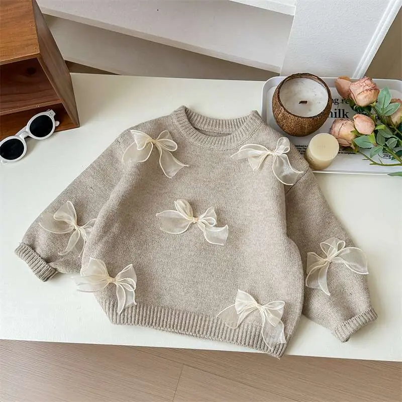 Girl's Sweet Knitwear Coat with Bow Spring Autumn Fashion Bow Knitwear Coat for Children Kids Infants