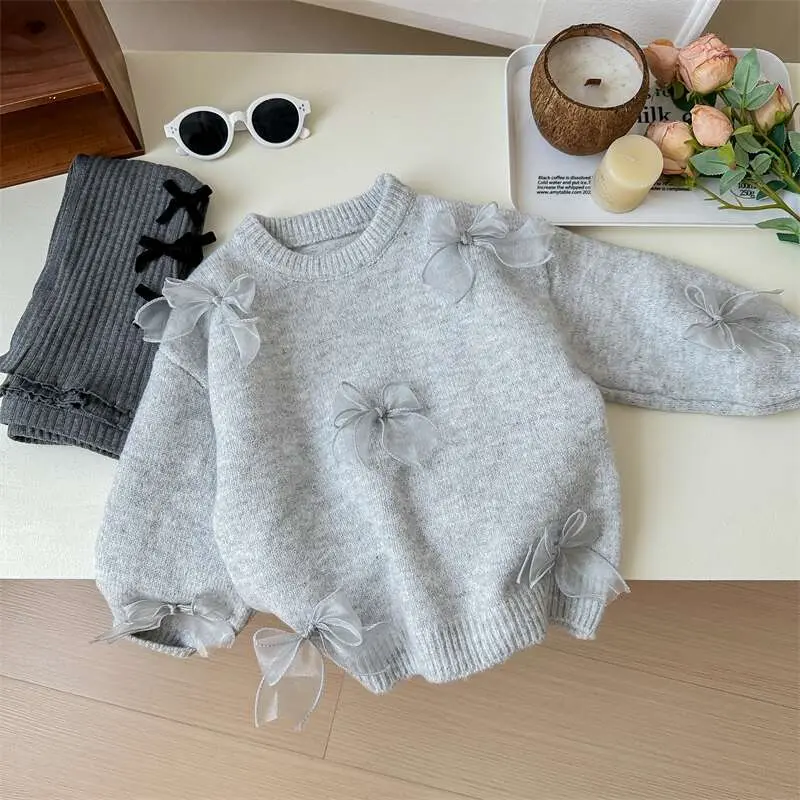Girl's Sweet Knitwear Coat with Bow Spring Autumn Fashion Bow Knitwear Coat for Children Kids Infants