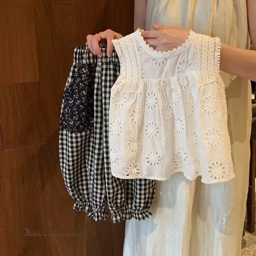 Girls Plaid Fashion Summer Set Baby Vest Pants Two-Piece Outfit Children's Clothing Suit kids