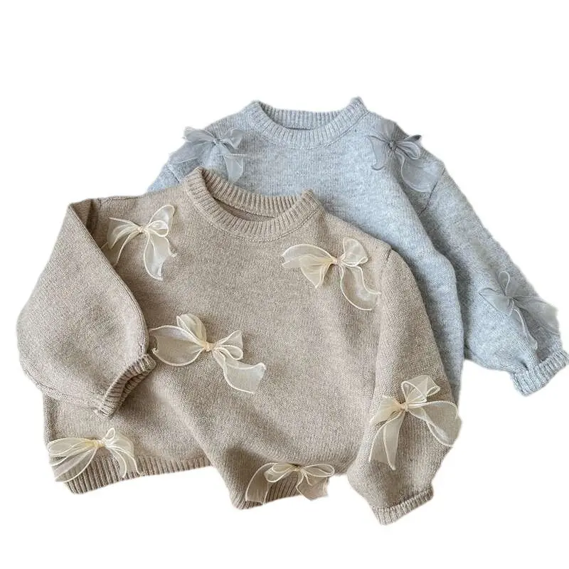 Girl's Sweet Knitwear Coat with Bow Spring Autumn Fashion Bow Knitwear Coat for Children Kids Infants
