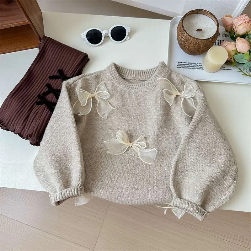 Girl's Sweet Knitwear Coat with Bow Spring Autumn Fashion Bow Knitwear Coat for Children Kids Infants