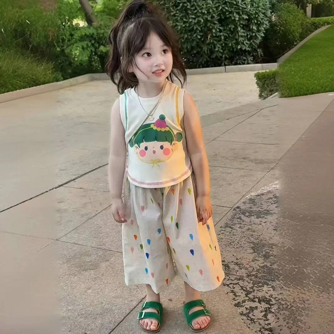 Cartoon Print Sleeveless Vest Loose Pants Set Stylish Two-Piece Thin Casual Outfit for Girls