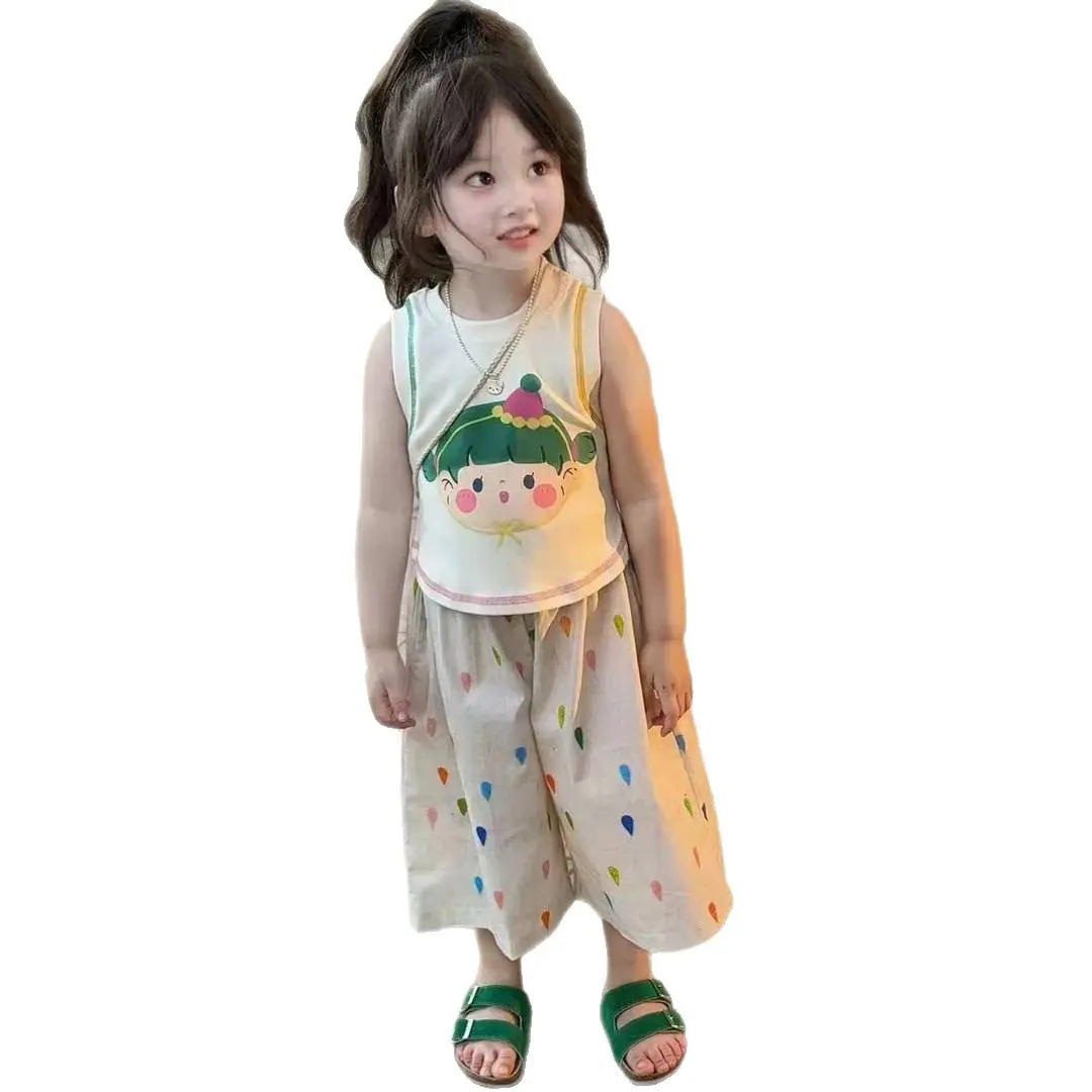 Cartoon Print Sleeveless Vest Loose Pants Set Stylish Two-Piece Thin Casual Outfit for Girls