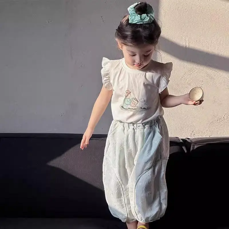Summer Cartoon Girls' Two-Piece Set Cute Fly-Sleeved T-Shirt with Bow Detail And Lantern Pants