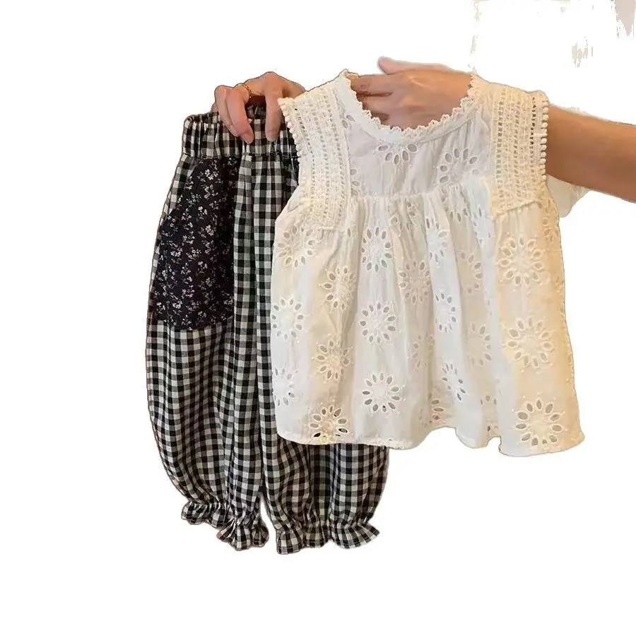 Girls Plaid Fashion Summer Set Baby Vest Pants Two-Piece Outfit Children's Clothing Suit kids