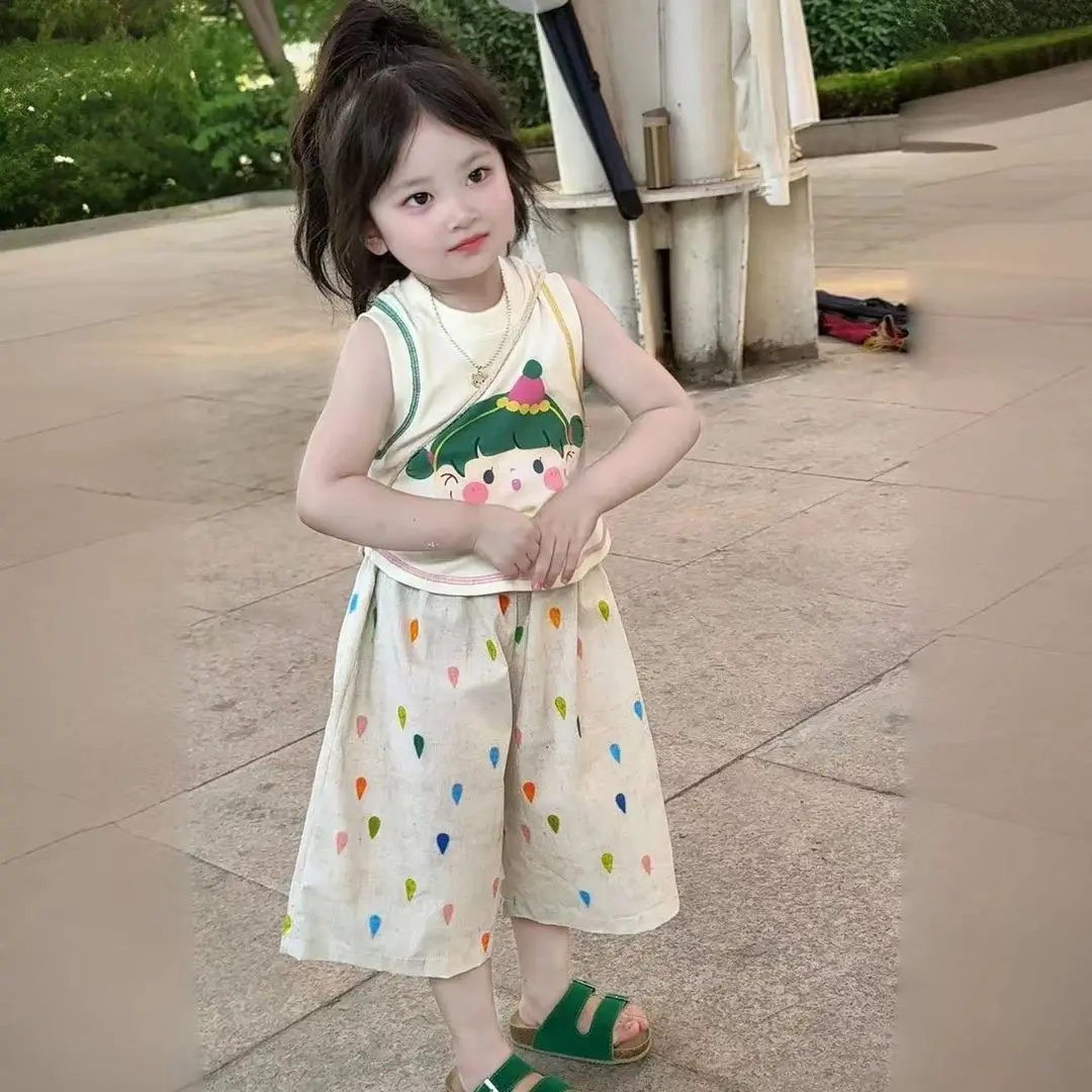 Cartoon Print Sleeveless Vest Loose Pants Set Stylish Two-Piece Thin Casual Outfit for Girls