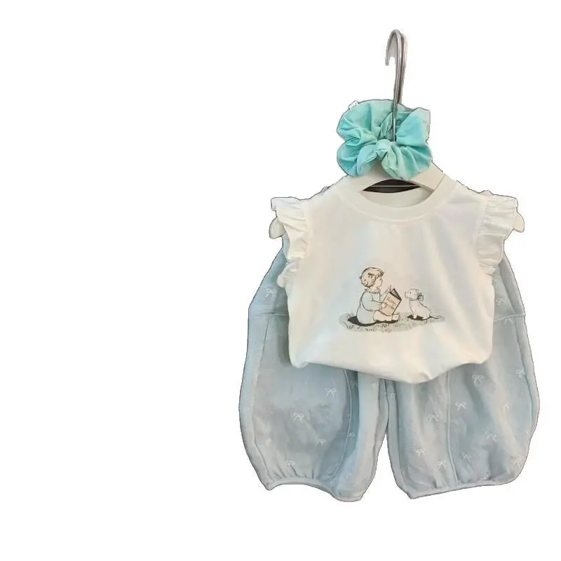 Summer Cartoon Girls' Two-Piece Set Cute Fly-Sleeved T-Shirt with Bow Detail And Lantern Pants
