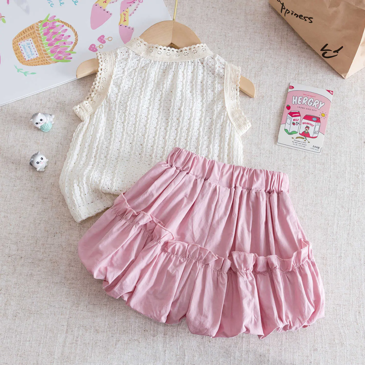 Summer Outfits for Girls - Stylish Bow Vest And Short Skirt with Flower Buds - Children's Clothing Set