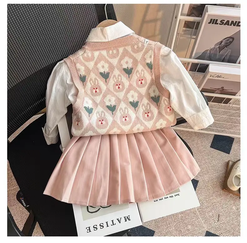 Girls Sweet Suits Autumn Children Kids Baby Spring Lapel Shirt+Sweater Vest+ Pleated Skirt 3Pcs Sets