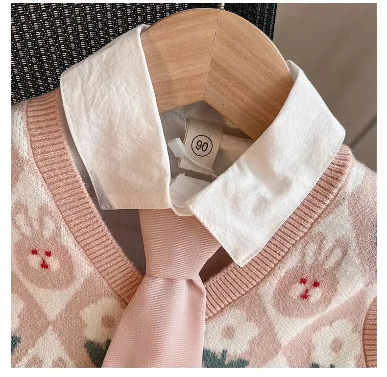Girls Sweet Suits Autumn Children Kids Baby Spring Lapel Shirt+Sweater Vest+ Pleated Skirt 3Pcs Sets