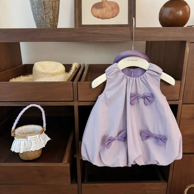 Cute Sweet Dress for Baby Girl Kids with Bow Flower Bud Detail - Infant Girls' Clothing straw hat