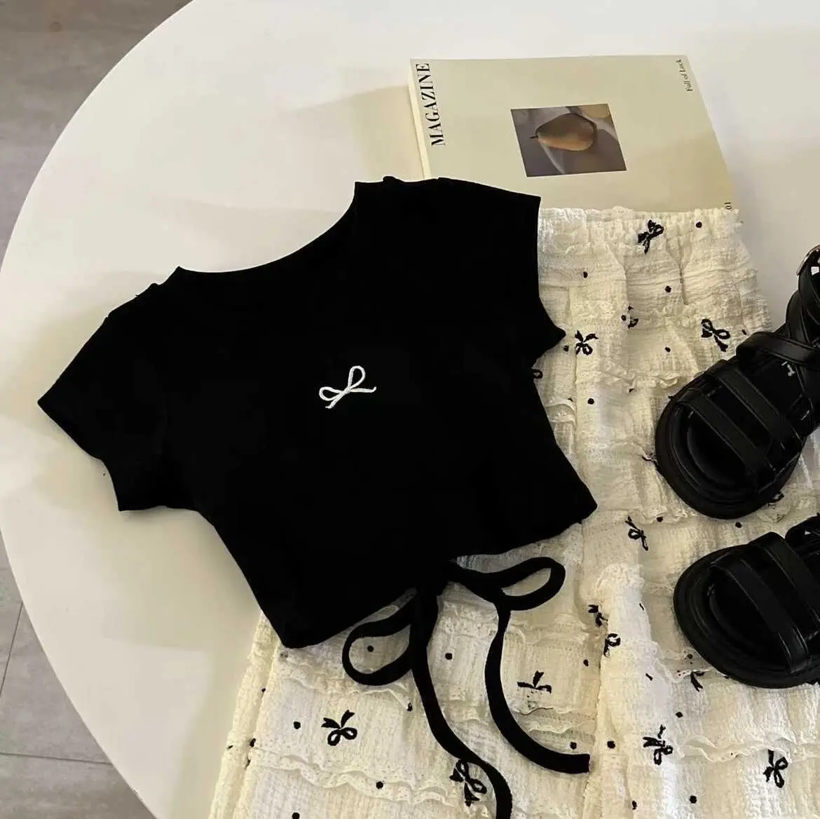 Girls Summer Stylish Short-Sleeved Suit Bow Backless Top Wide-Leg Pants Children's Fashion Outfit