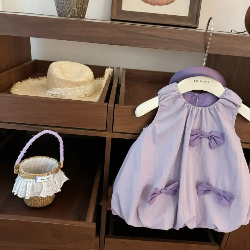 Cute Sweet Dress for Baby Girl Kids with Bow Flower Bud Detail - Infant Girls' Clothing straw hat