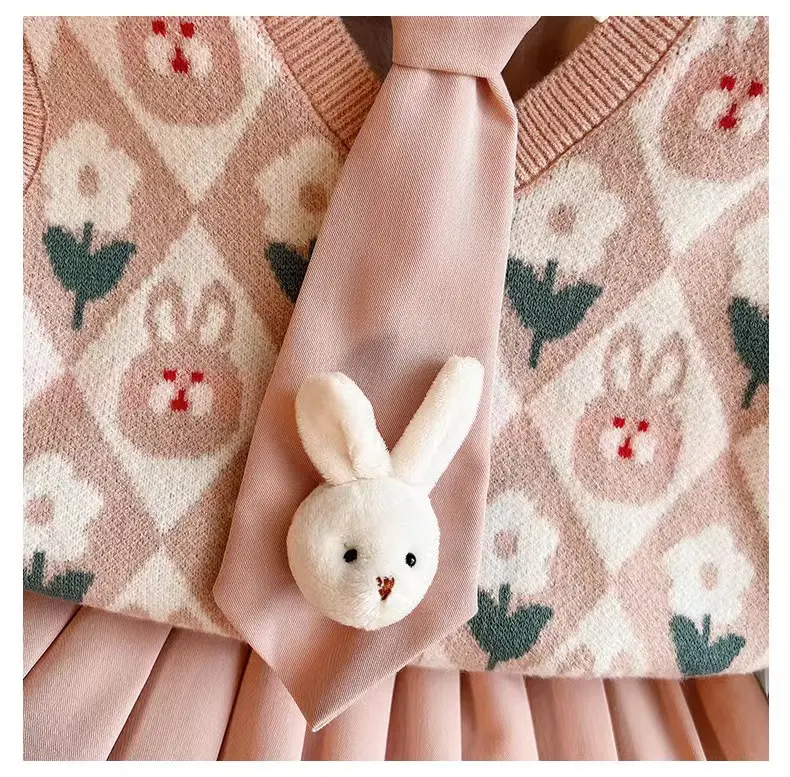 Girls Sweet Suits Autumn Children Kids Baby Spring Lapel Shirt+Sweater Vest+ Pleated Skirt 3Pcs Sets