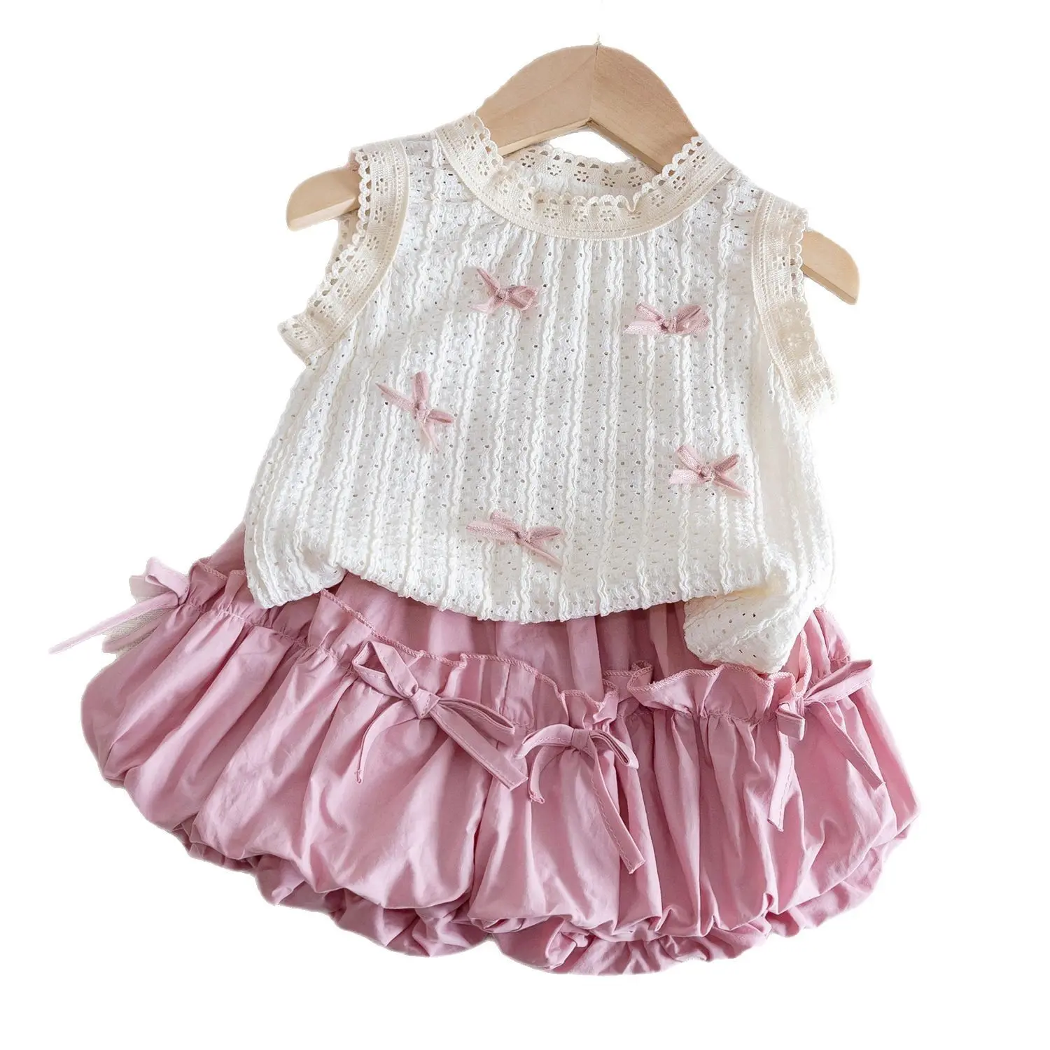 Summer Outfits for Girls - Stylish Bow Vest And Short Skirt with Flower Buds - Children's Clothing Set