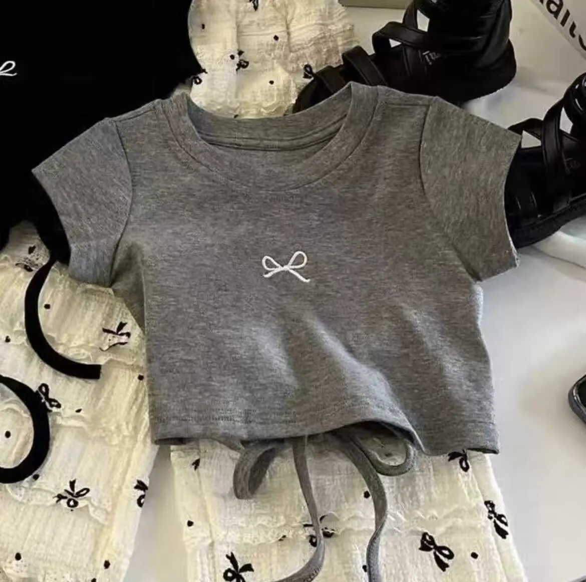 Girls Summer Stylish Short-Sleeved Suit Bow Backless Top Wide-Leg Pants Children's Fashion Outfit