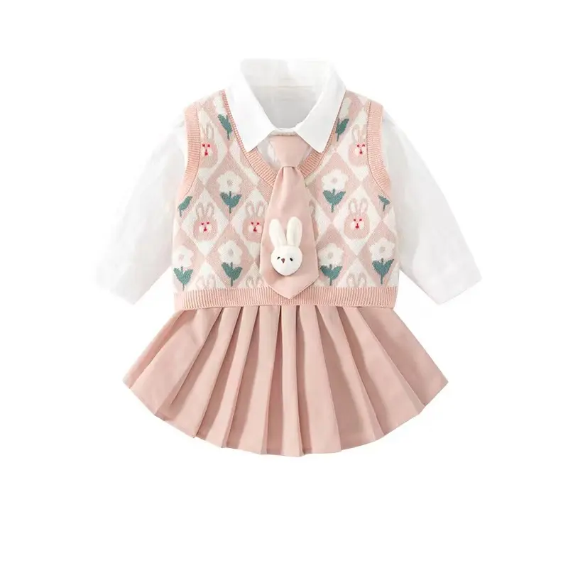 Girls Sweet Suits Autumn Children Kids Baby Spring Lapel Shirt+Sweater Vest+ Pleated Skirt 3Pcs Sets