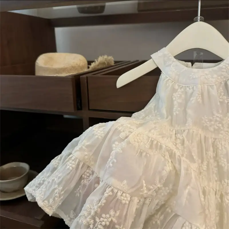 Baby Girls Floral Embroidery Swing Sundress with Hanging Neck Design Large A-Line Princess Dress for Holiday Occasions